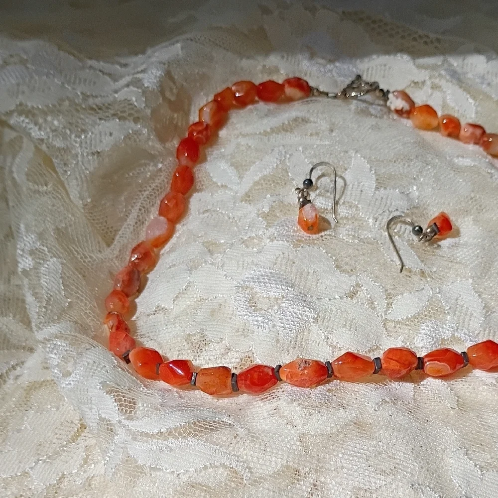 Elegant Orange Beaded Carnela Necklace and Earring Set